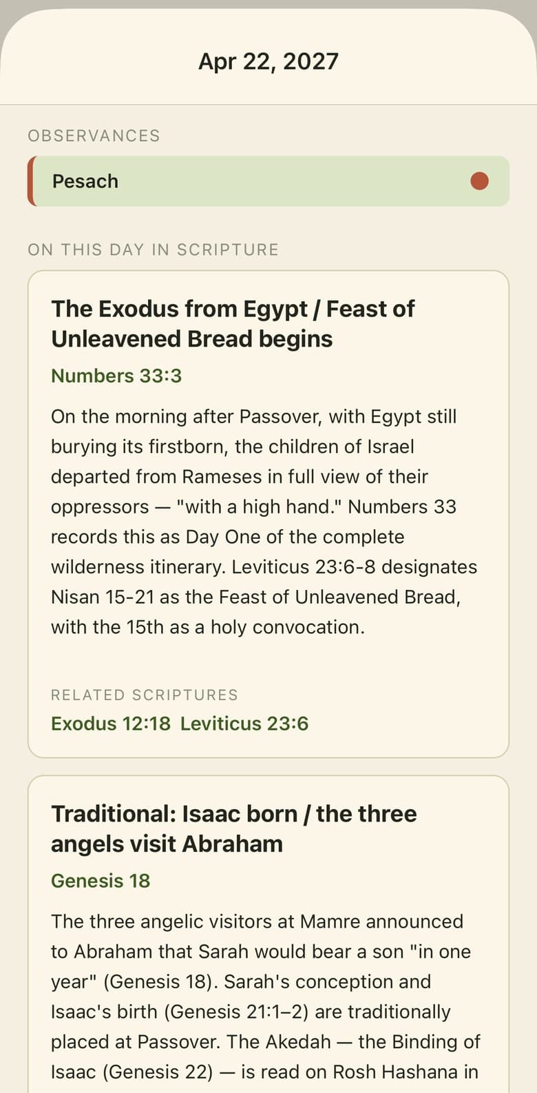 Issachar's Calendar showing Pesach and the scripture for the day