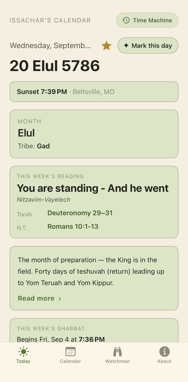 Issachar's Calendar Today screen showing the Hebrew date, sunset, month, tribe, and the week's reading