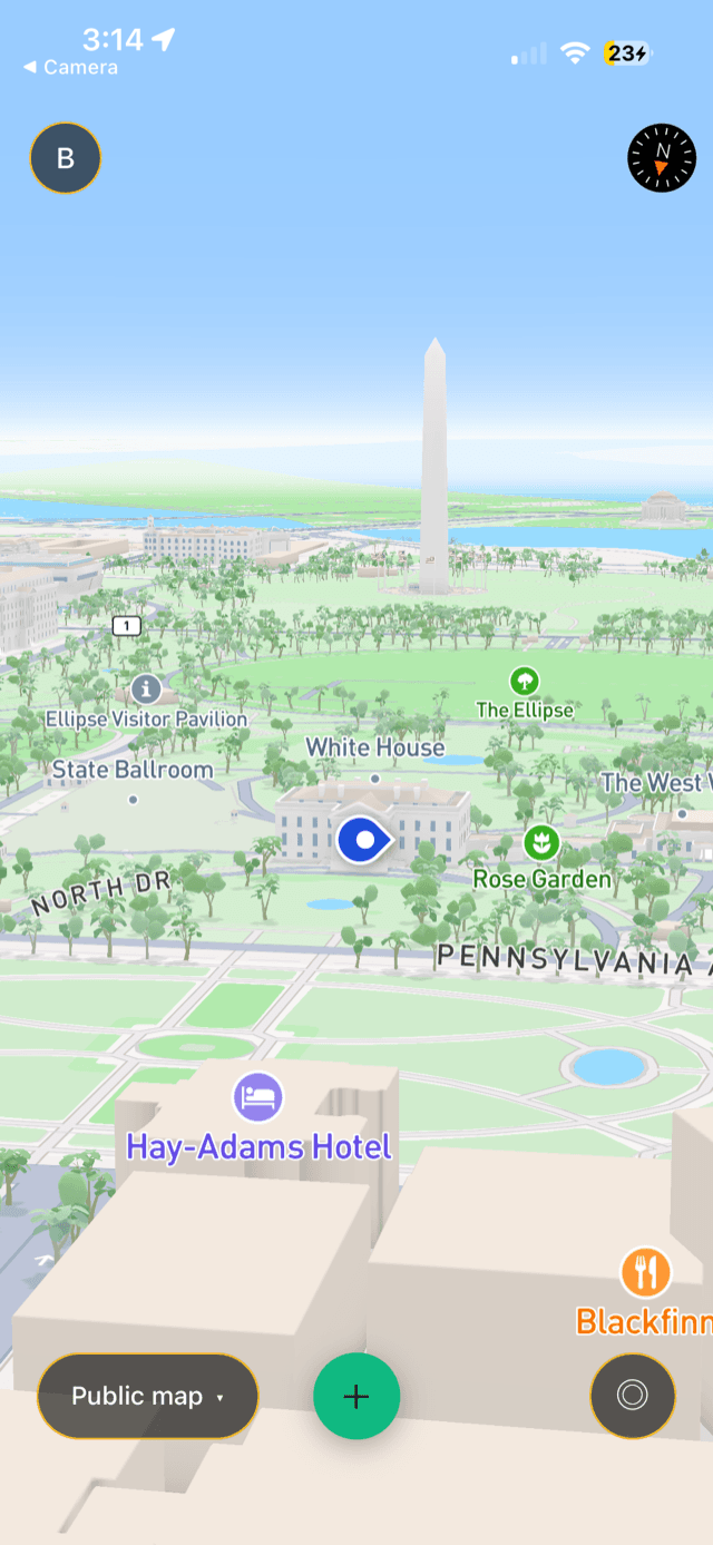 PrayerPin app showing a 3D map of Washington DC around the White House with a prayer pin placed